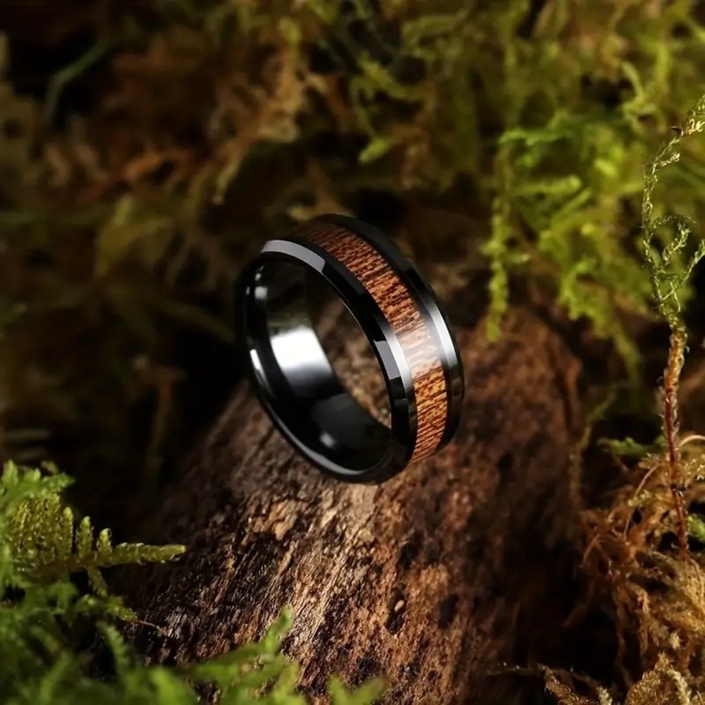 MENS RING BLACK STAINLESS STEEL POLISHED WOOD INLAY CERAMIC WEDDING NEW